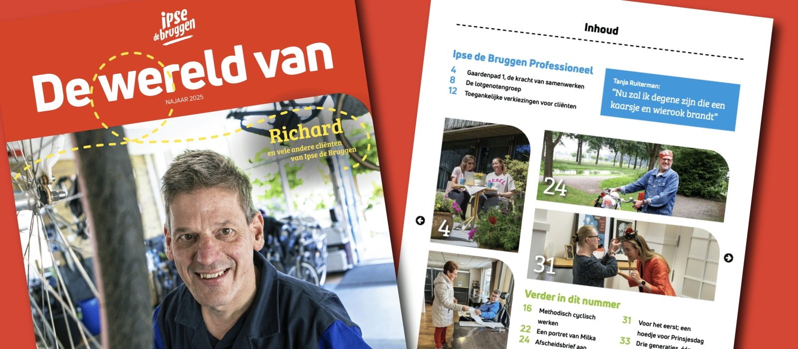 Een vrolijke lachende meneer gekleed in een blauw werkpak staat in een fietsenwerkplaats naast een fiets die hangt vanaf het plafond