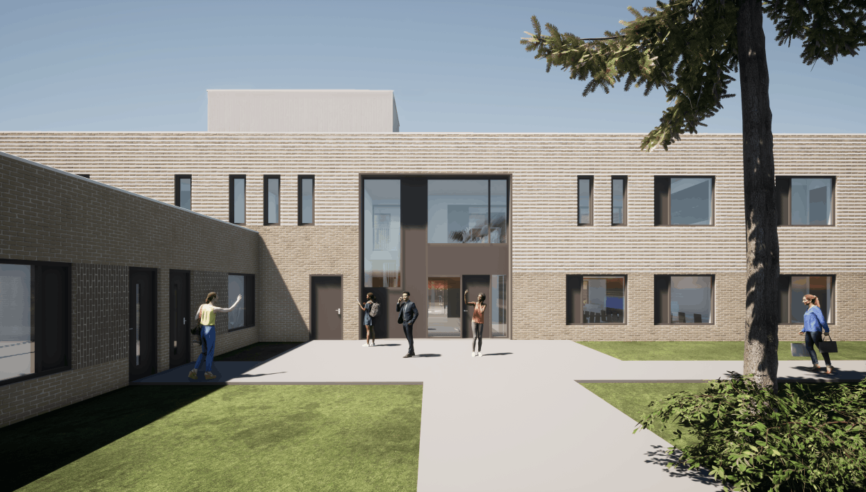 Een ontwerptekening met fotorealistische beelden van een groot gebouw met beige bakstenen met een plein en groen gras.