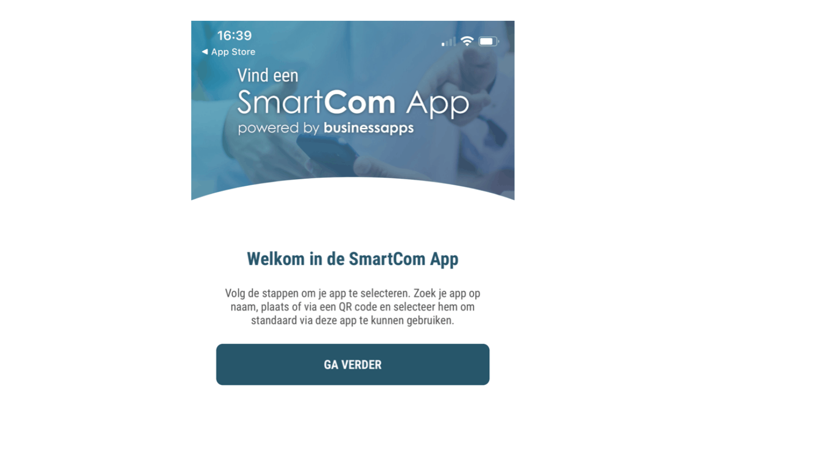Het welkomscherm van de SmartCom App